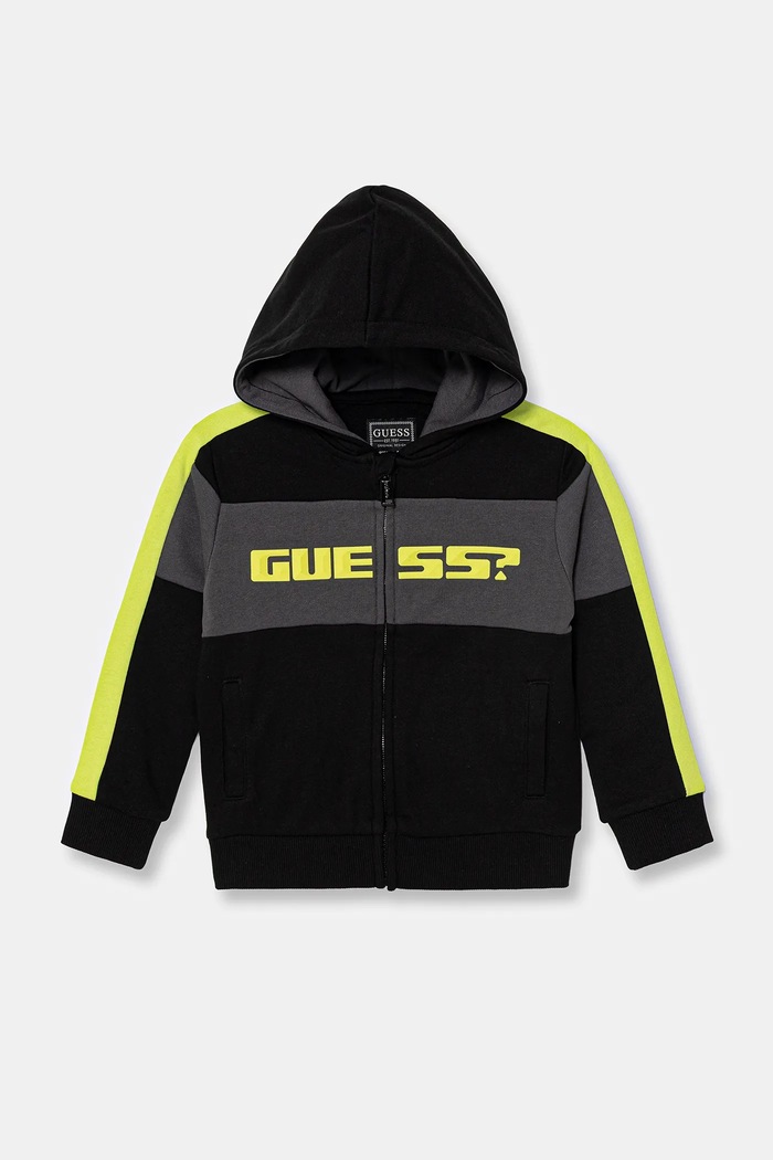 Παιδική βαμβακερή μπλούζα Guess με κουκούλα μαύρο N6RQ02.KA6R4.PPY2