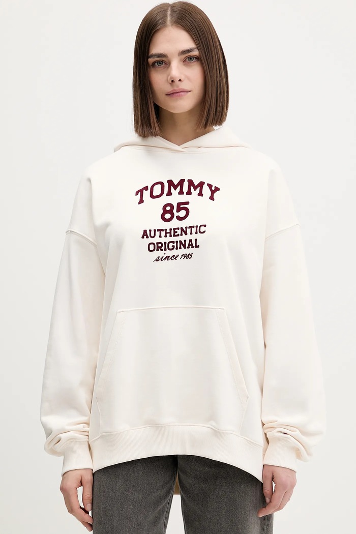 Βαμβακερή μπλούζα Tommy Jeans στάμπα μπεζ DW0DW22603