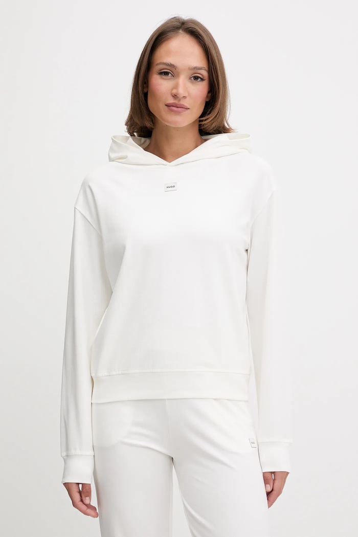 HUGO bluza z kapturem damska z bawełną SIGNATURE_HOODIE z elastanem beżowy 50556816