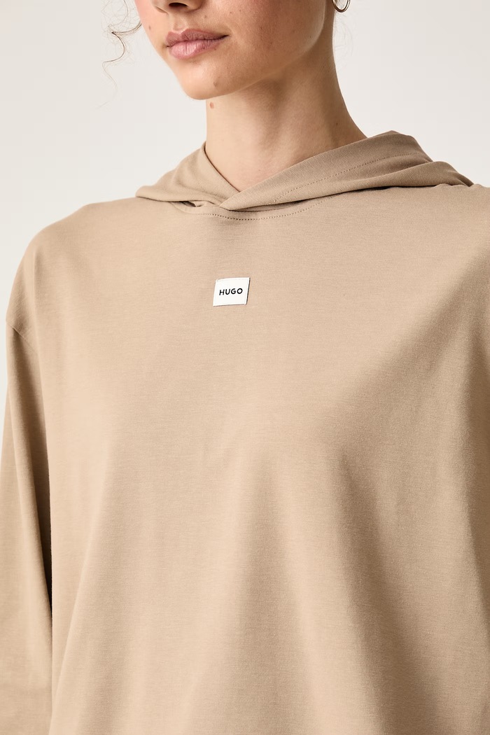 Bluza z kapturem damska z bawełną SIGNATURE_HOODIE HUGO 50556816 beżowy