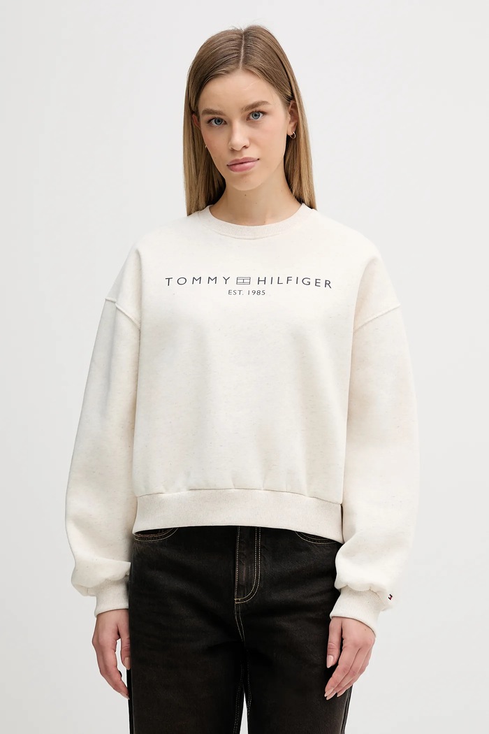 Tommy Hilfiger mikina dámska z bavlnou bez kapucne béžová WW0WW47831