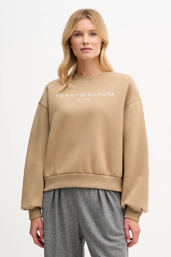 Tommy Hilfiger mikina dámska s bavlnou bez kapucne béžová WW0WW47831