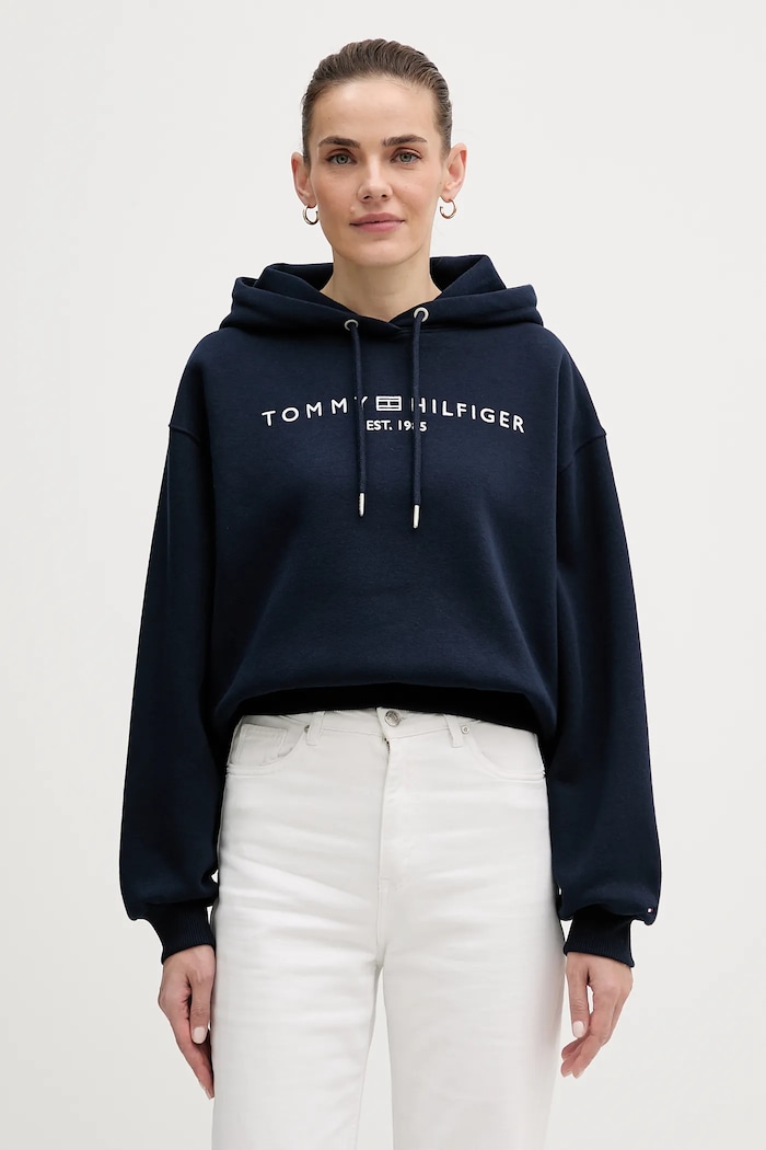 Tommy Hilfiger mikina s kapucňou dámska s bavlnou s kapucňou tmavomodrá WW0WW47832