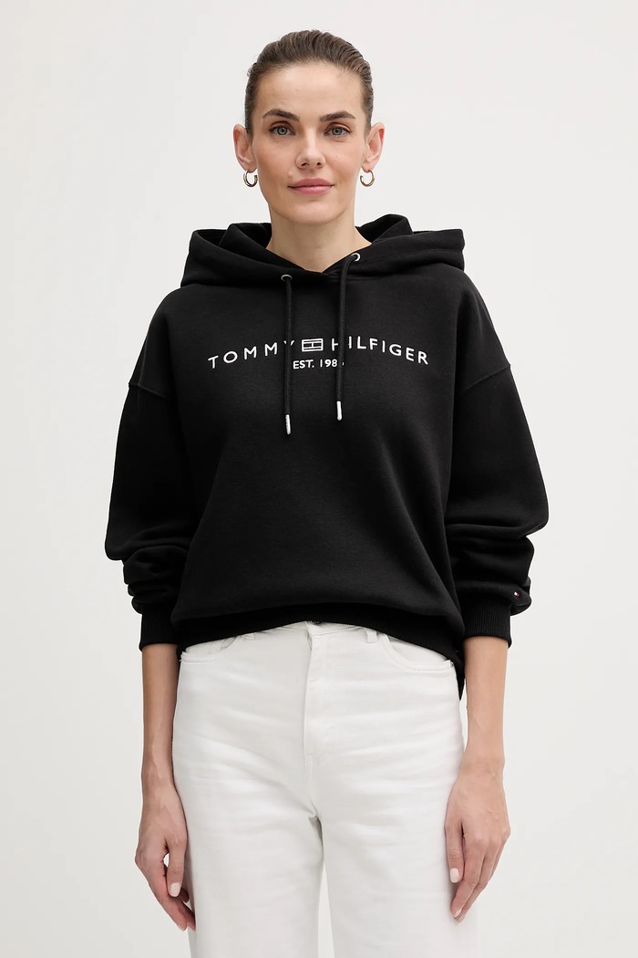 Tommy Hilfiger hanorac cu glugă feminin cu bumbac imprimeu negru WW0WW47832