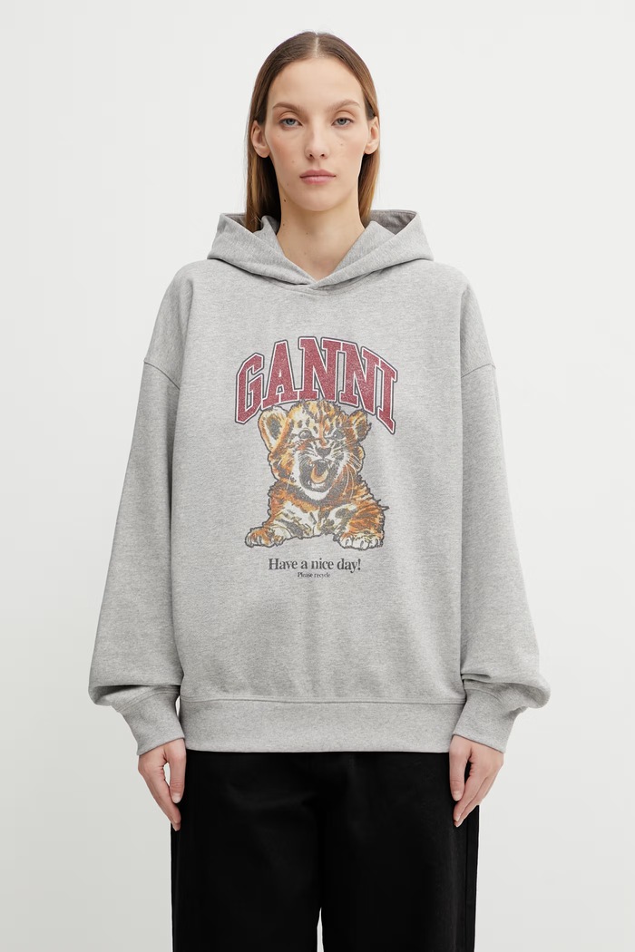 GANNI bluza z kapturem damska bawełna szary A1060024