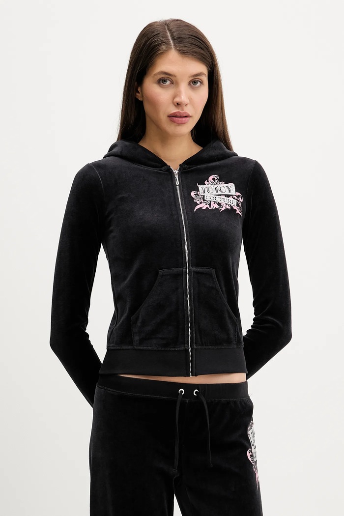 Велюрова кофта Juicy Couture Wrap You Up з капюшоном чорний JCNAS126451