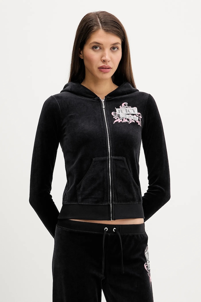 Велюрова кофта Juicy Couture Wrap You Up з капюшоном чорний JCNAS126451