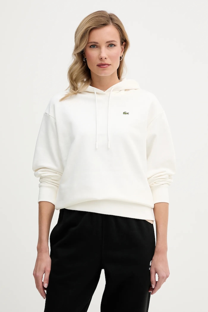 Lacoste суичър с качулка дамски от памук щампа бежов SF7612