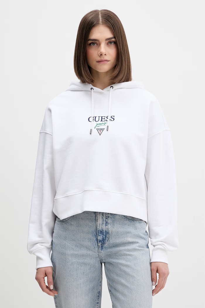 Bavlněná mikina Guess Jeans s kapucí bílá W6RQ00.K68I4