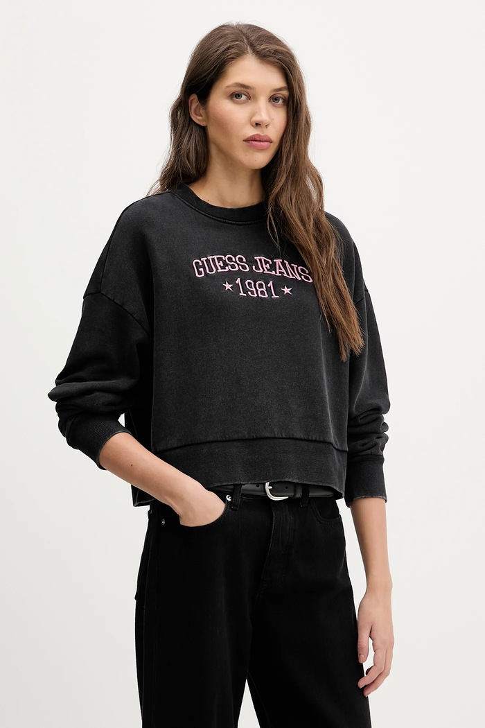 Bombažen pulover Guess Jeans Brez kapuce črna W6RQ04.KCPR1