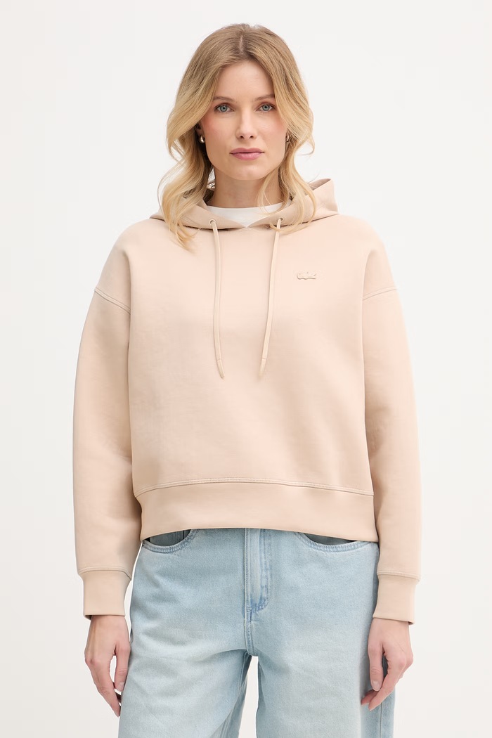 Lacoste μπλούζα με κουκούλα γυναικεία με βαμβάκι με ελαστάν μπεζ SF0048
