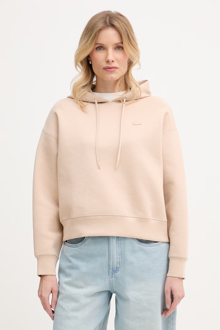 Lacoste μπλούζα με κουκούλα γυναικεία με βαμβάκι με ελαστάν μπεζ SF0048