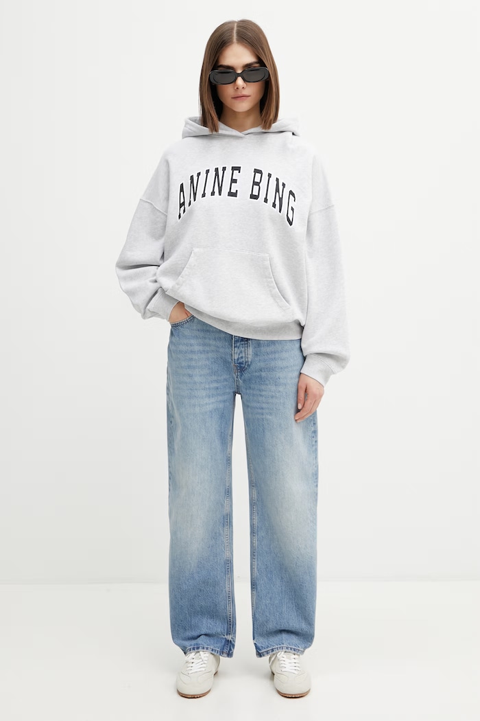 Anine Bing HARVEY SWEATSHIRT NEW CLASSIC - MEDIUM HEATHER GREY hanorac cu glugă din bumbac pentru femei A.08.12493.GRM1 gri