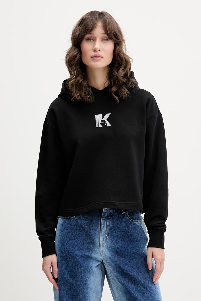 Karl Lagerfeld Jeans pulover s kapuco ženski bombažen črna B2W20037