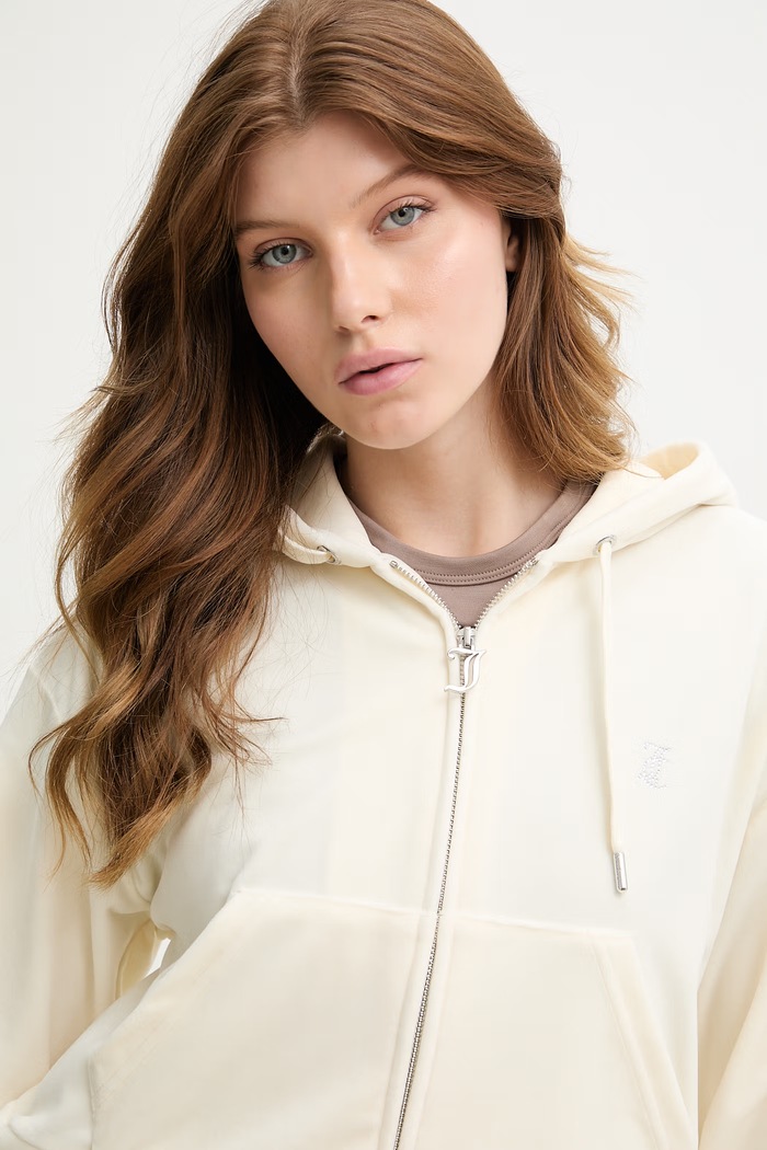 Juicy Couture bluza z kapturem damska welurowa ICCLE HOODIE beżowy JCWAS126304