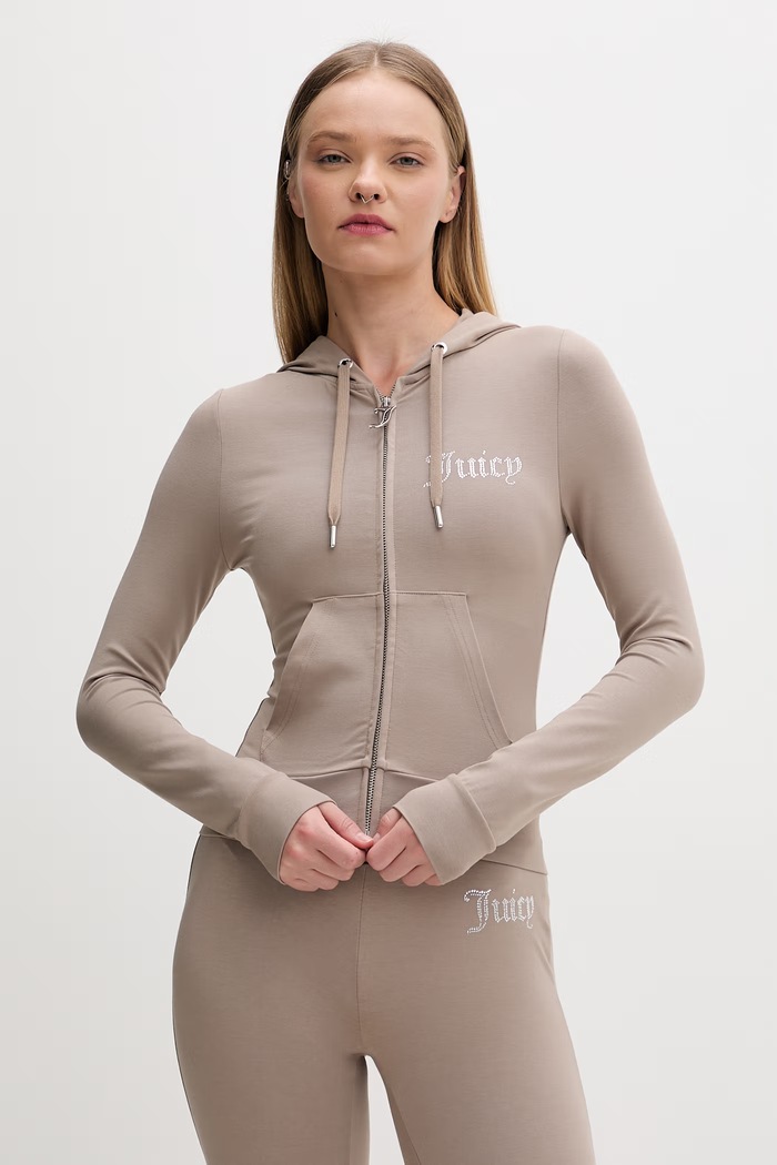 Juicy Couture dámska mikina na zips s bavlnou OOLA HOODIE hnedá JCWAS126306