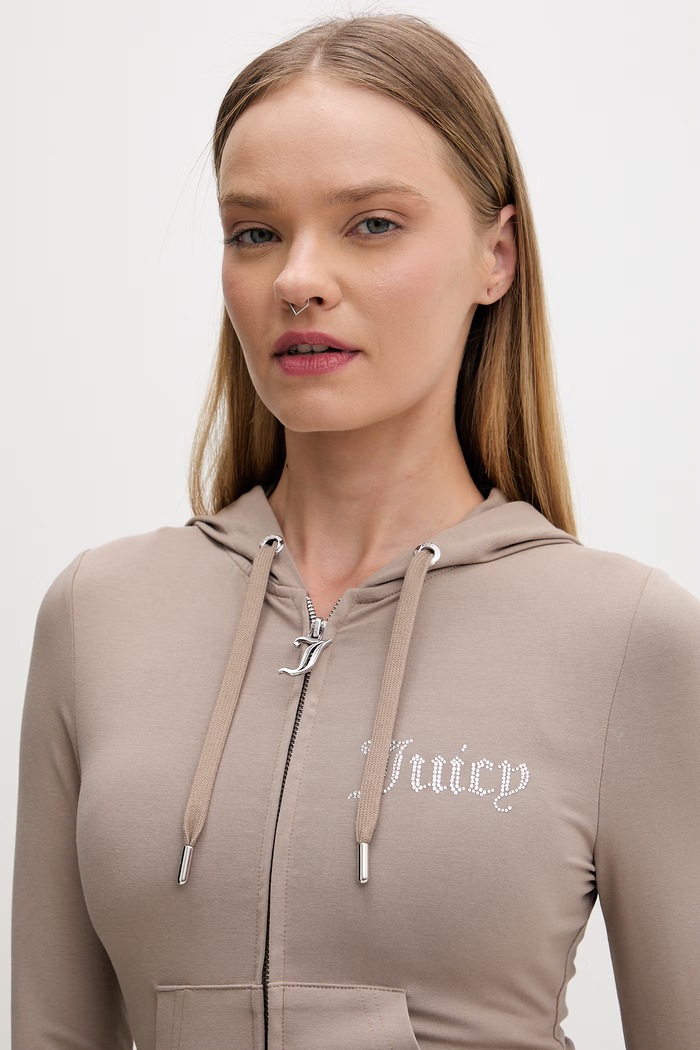 Juicy Couture dámska mikina na zips s bavlnou OOLA HOODIE hnedá JCWAS126306