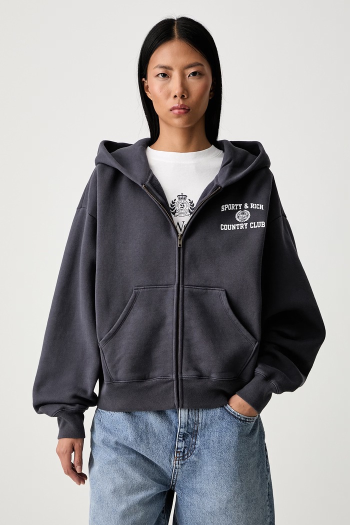 Sporty & Rich Varsity Crest bluza rozpinana z kapturem bawełniana damska szary ST094711218GY25