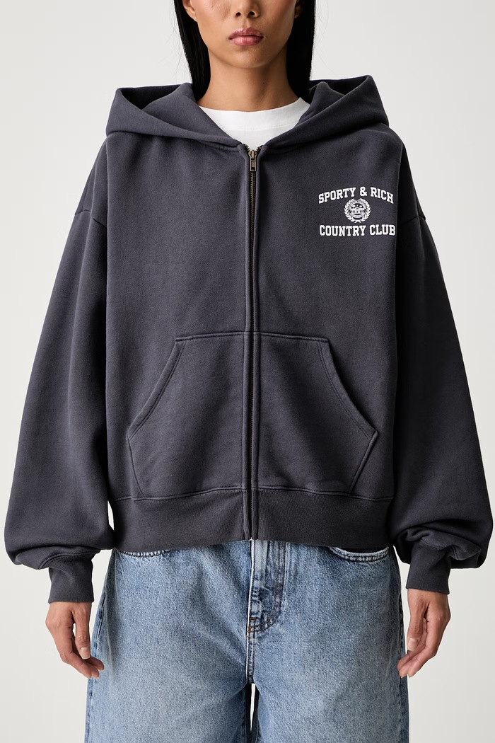 Sporty & Rich Varsity Crest bluza rozpinana z kapturem bawełniana damska ST094711218GY25 szary