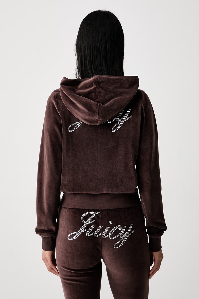 Odzież Sporty & Rich x Juicy Couture bluza rozpinana z kapturem welurowa damska CA046716689BR03 brązowy
