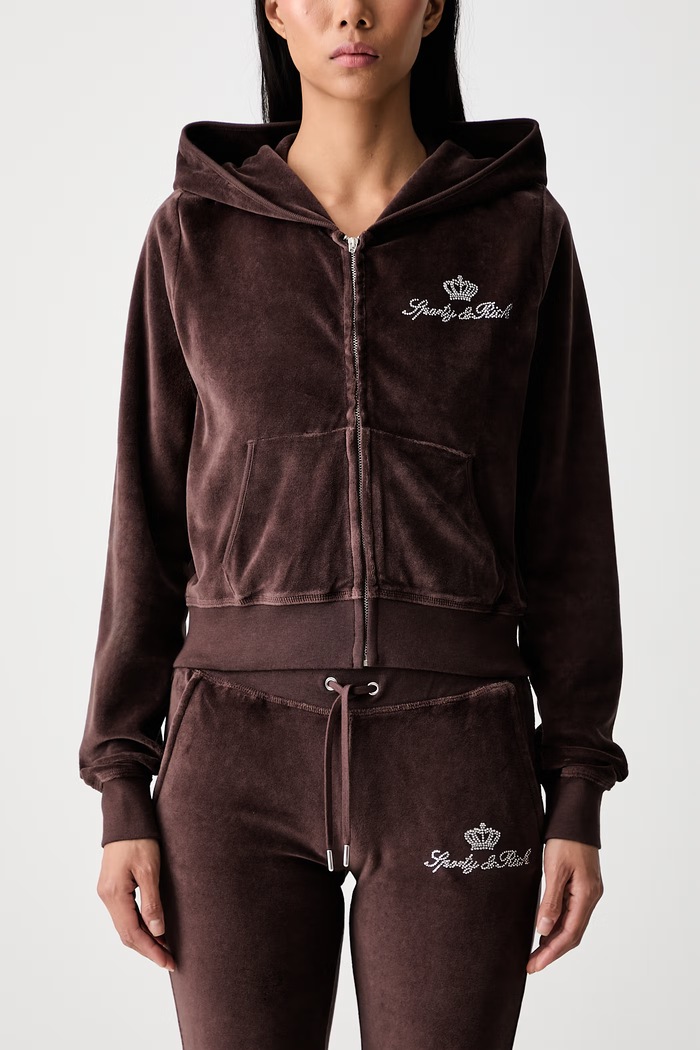 Sporty & Rich x Juicy Couture bluza rozpinana z kapturem welurowa damska CA046716689BR03 brązowy