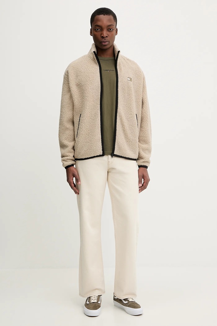 Tommy Jeans μπλούζα με κουμπιά ανδρική φλις DM0DM22345 μπεζ SS26