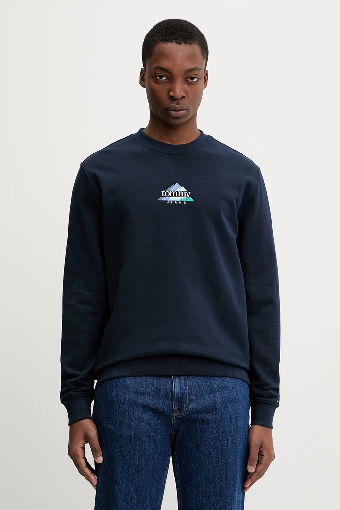 Bavlněná mikina Tommy Jeans bez kapuce námořnická modř DM0DM22418