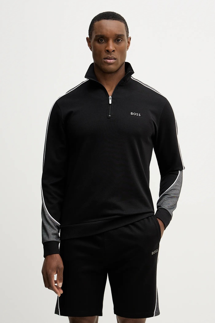 Mikina s kapucňou BOSS Tracksuit 1/4 Jacket nášivka čierna 50554780