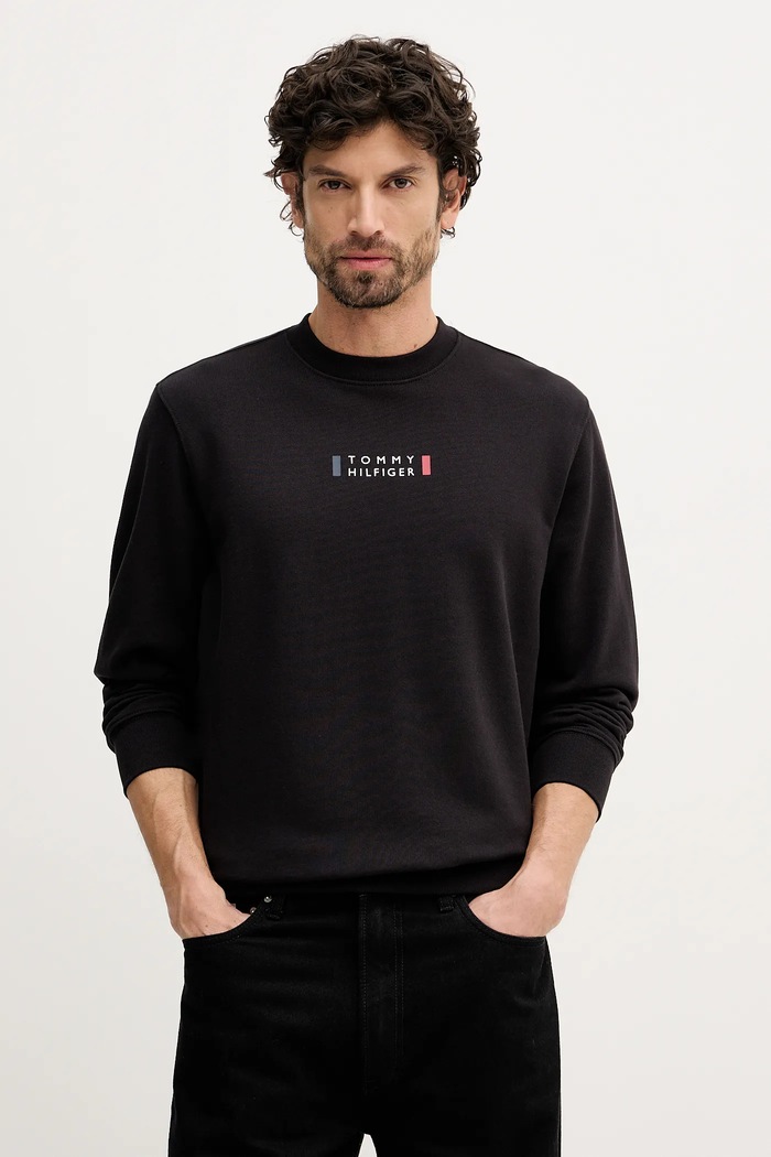 Βαμβακερή μπλούζα Tommy Hilfiger χωρίς κουκούλα μαύρο MW0MW41428