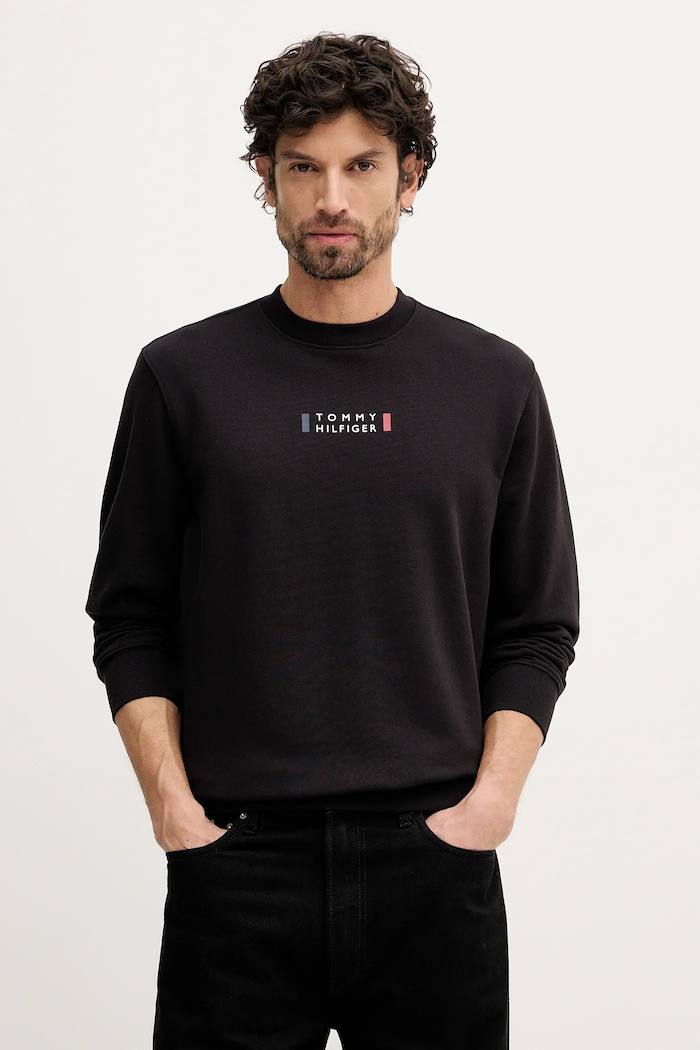 Βαμβακερή μπλούζα Tommy Hilfiger χωρίς κουκούλα μαύρο MW0MW41428