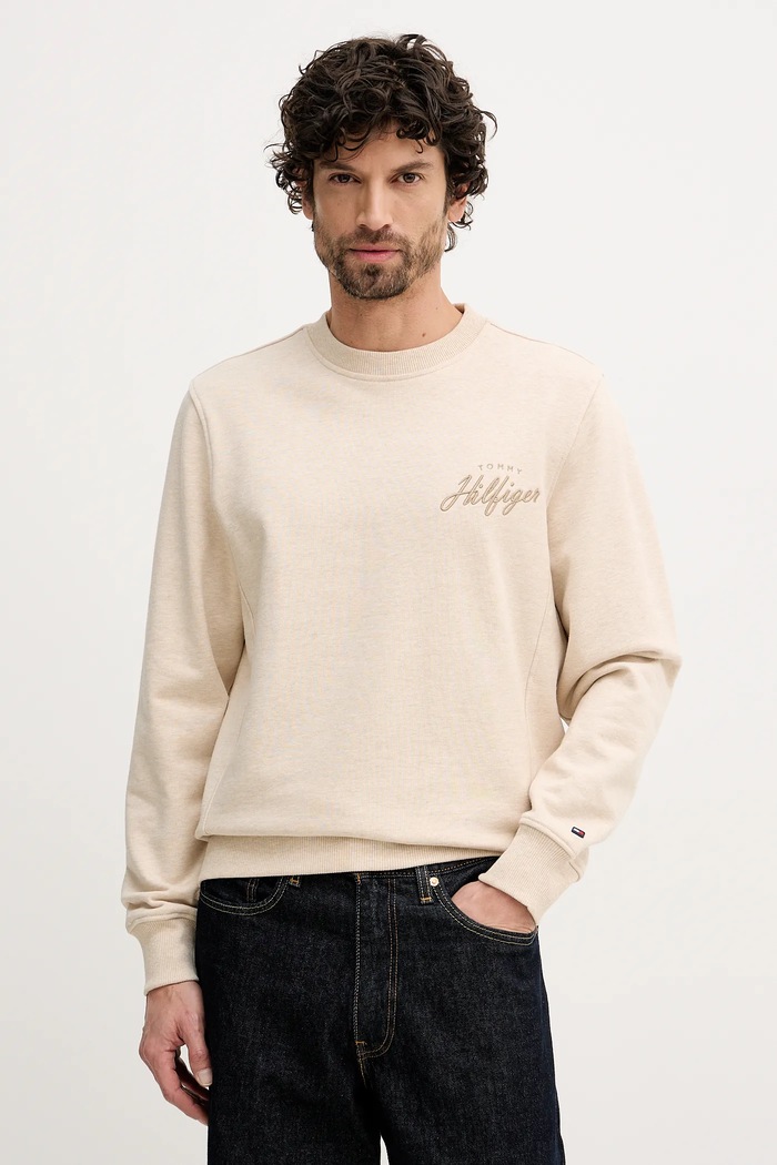 Bavlněná mikina Tommy Hilfiger bez kapuce béžová MW0MW42536