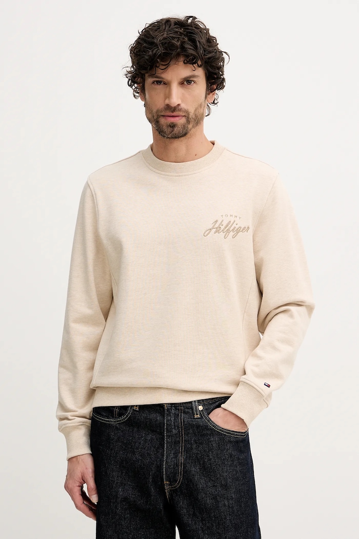 Bavlněná mikina Tommy Hilfiger bez kapuce béžová MW0MW42536