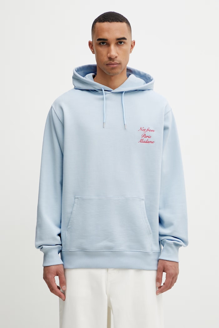 Drôle de Monsieur mikina s kapucňou pánska bavlnená Le Hoodie Slogan Calligraphy modrá K.HO168.CO127.LBE