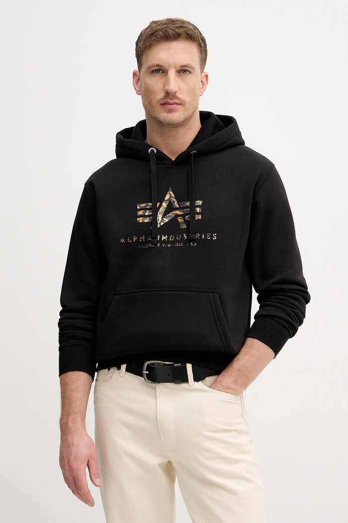 Mikina Alpha Industries Basic Hoodie BL Effect Print s kapucňou čierna 178312EP