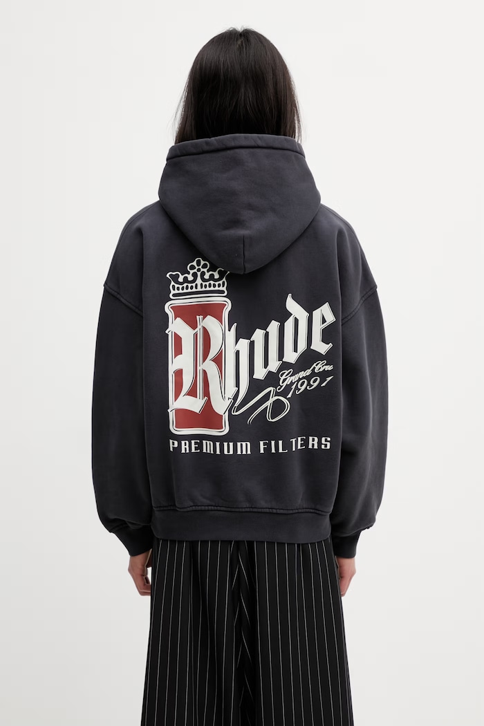 RHUDE Fumar 91 hanorac cu glugă din bumbac pentru bărbați negru RHSS26HO04012