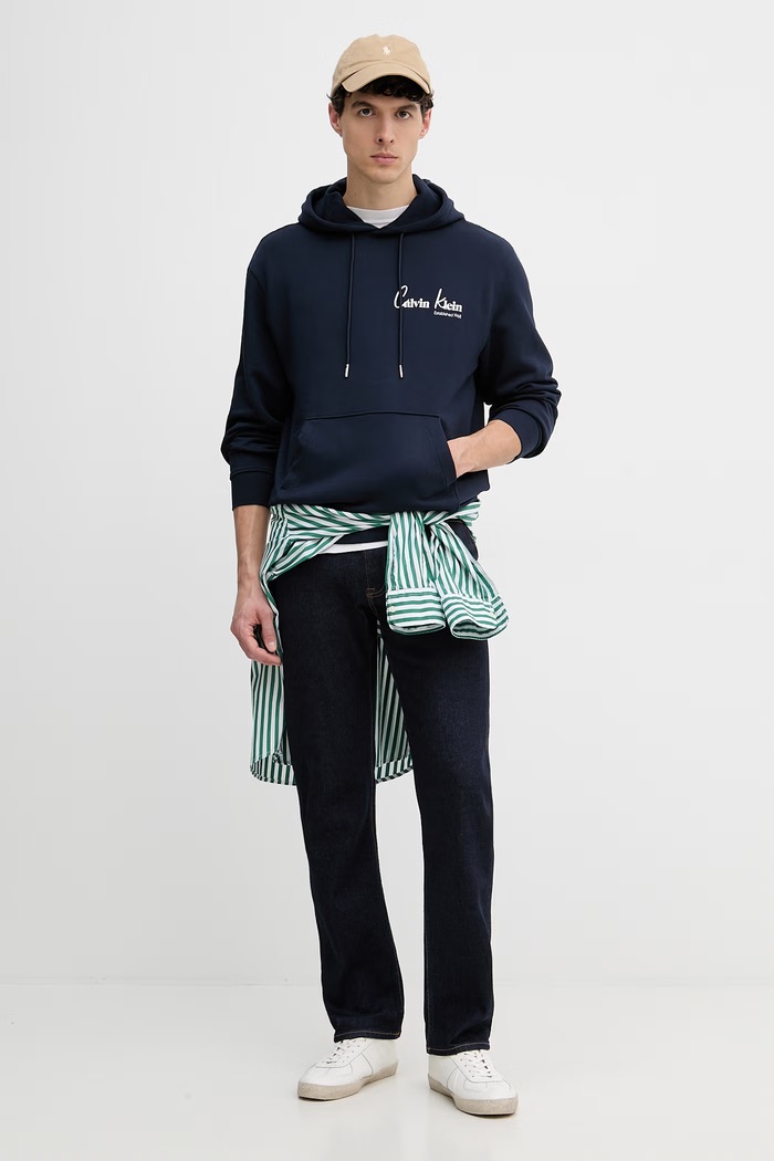 Calvin Klein Jeans mikina s kapucňou pánska bavlnená LV04RF234G tmavomodrá SS26