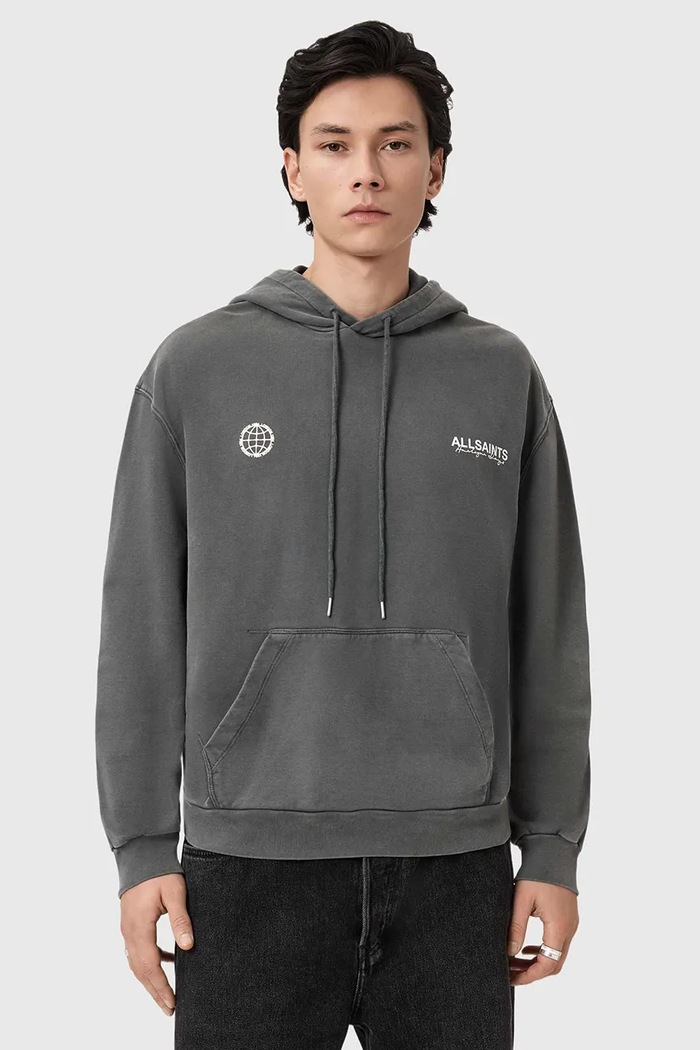 AllSaints hanorac cu glugă bărbătesc din bumbac EMBLEM gri M007NE