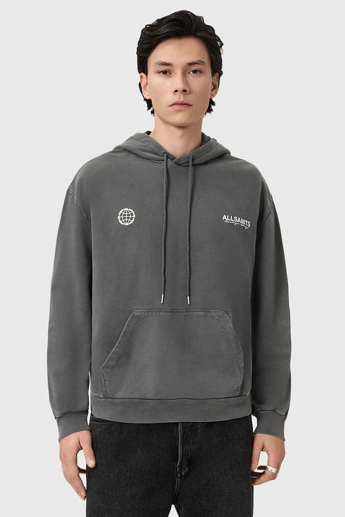 AllSaints hanorac cu glugă bărbătesc din bumbac EMBLEM gri M007NE