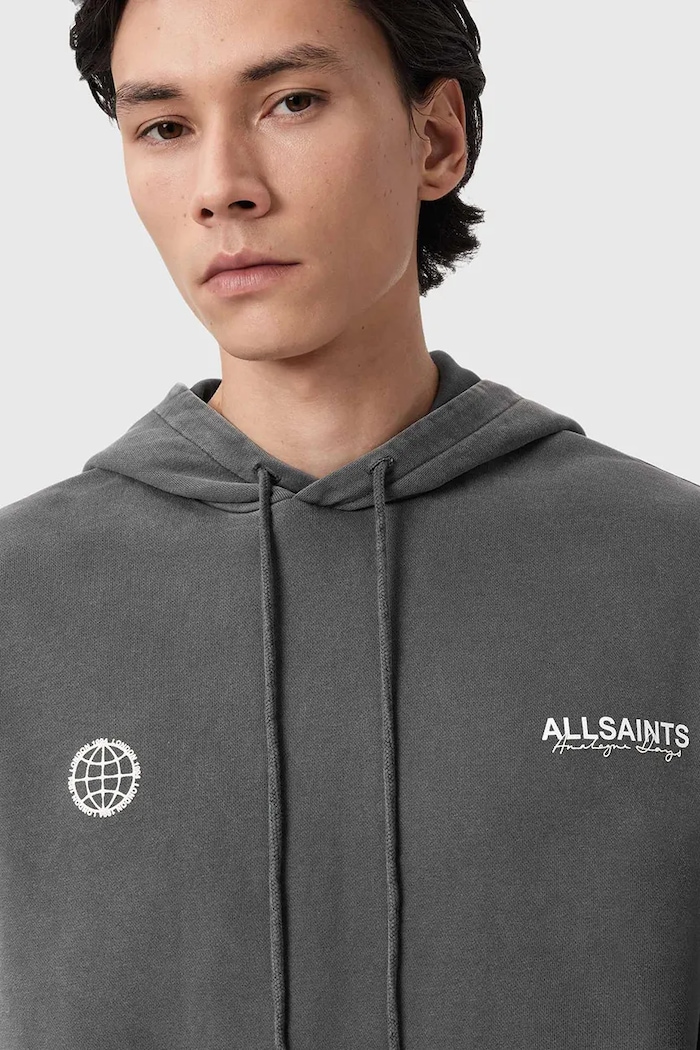 AllSaints hanorac cu glugă bărbătesc din bumbac EMBLEM gri M007NE