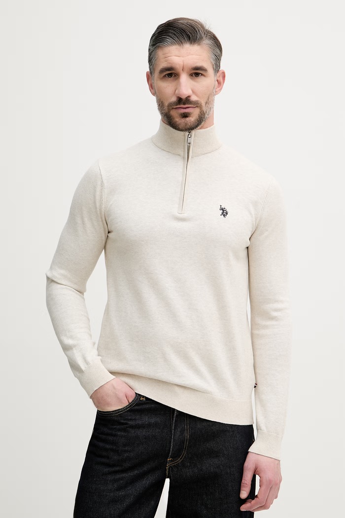 U.S. Polo Assn. sweter męski bawełniany COTTON 1/4 ZIP NECK beżowy MUP3938.L22