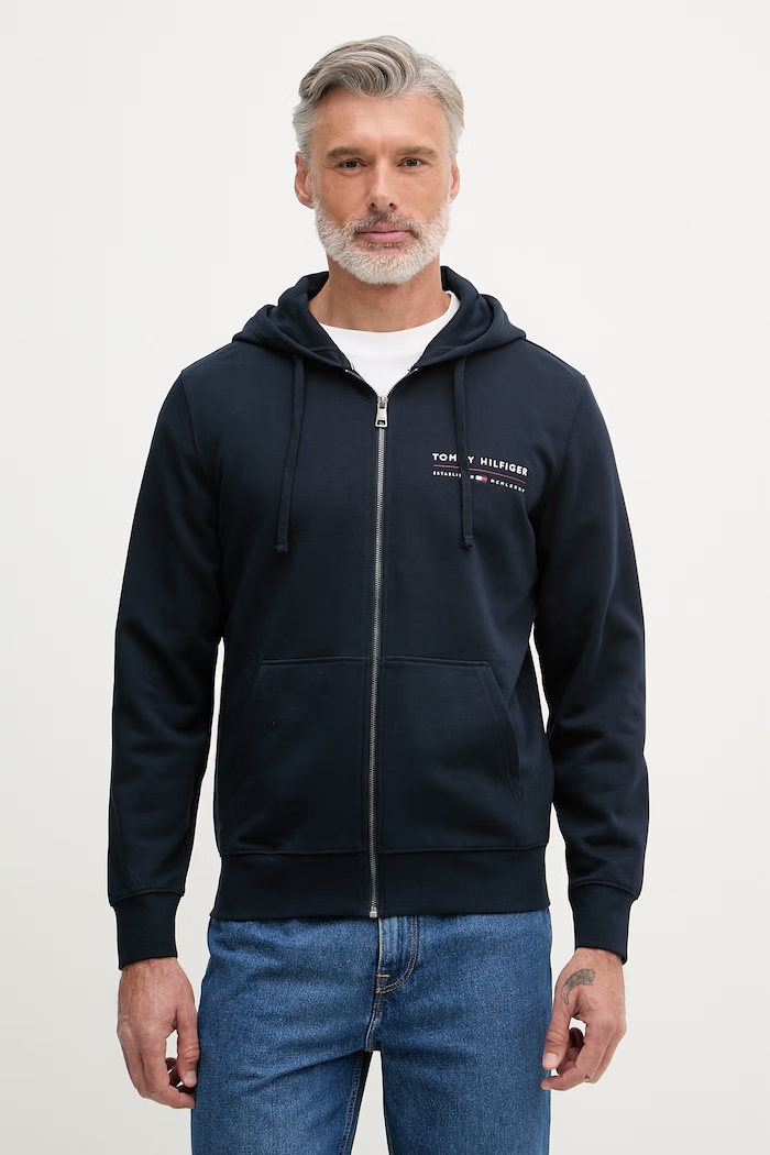 Tommy Hilfiger hanorac cu fermoar și glugă pentru bărbați, din bumbac bleumarin MW0MW42462