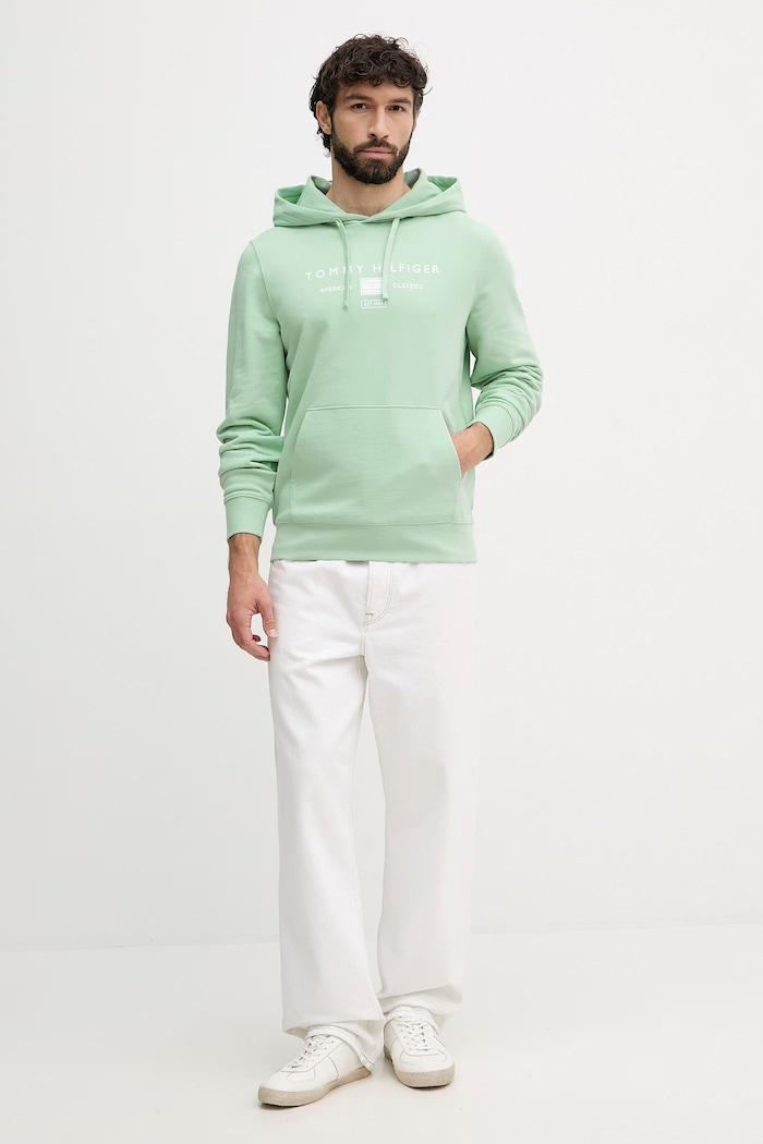 Tommy Hilfiger mikina s kapucňou pánska bavlnená MW0MW42464 tyrkysová SS26
