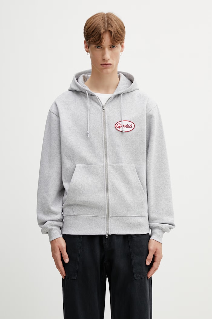 Gramicci OVAL PATCH ZIP HOODED SWEATSHIRT hanorac cu fermoar și glugă din bumbac pentru bărbați gri G6SU.J120.