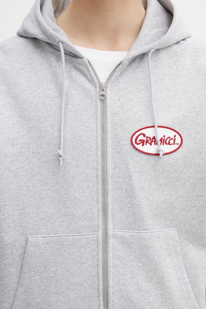 Gramicci OVAL PATCH ZIP HOODED SWEATSHIRT hanorac cu fermoar și glugă din bumbac pentru bărbați gri G6SU.J120.