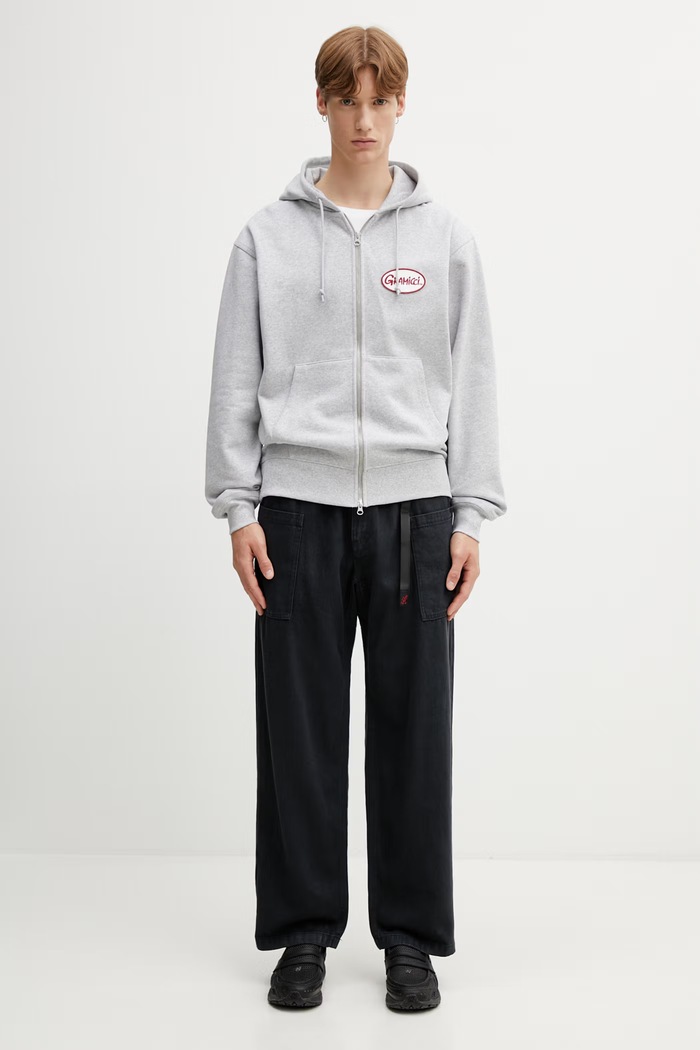 Gramicci OVAL PATCH ZIP HOODED SWEATSHIRT hanorac cu fermoar și glugă din bumbac pentru bărbați G6SU.J120. gri