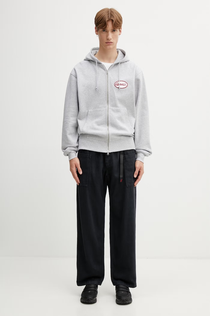 Gramicci OVAL PATCH ZIP HOODED SWEATSHIRT hanorac cu fermoar și glugă din bumbac pentru bărbați G6SU.J120. gri