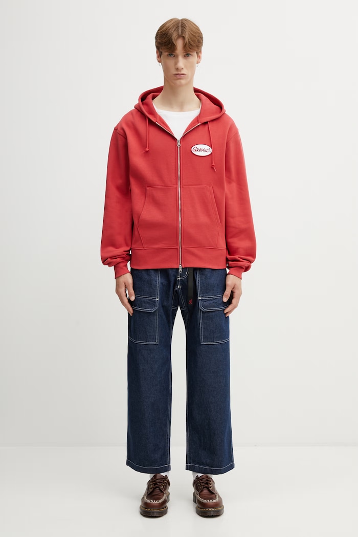 Gramicci OVAL PATCH ZIP HOODED SWEATSHIRT, hanorac din bumbac pentru bărbați G6SU.J120. rosu