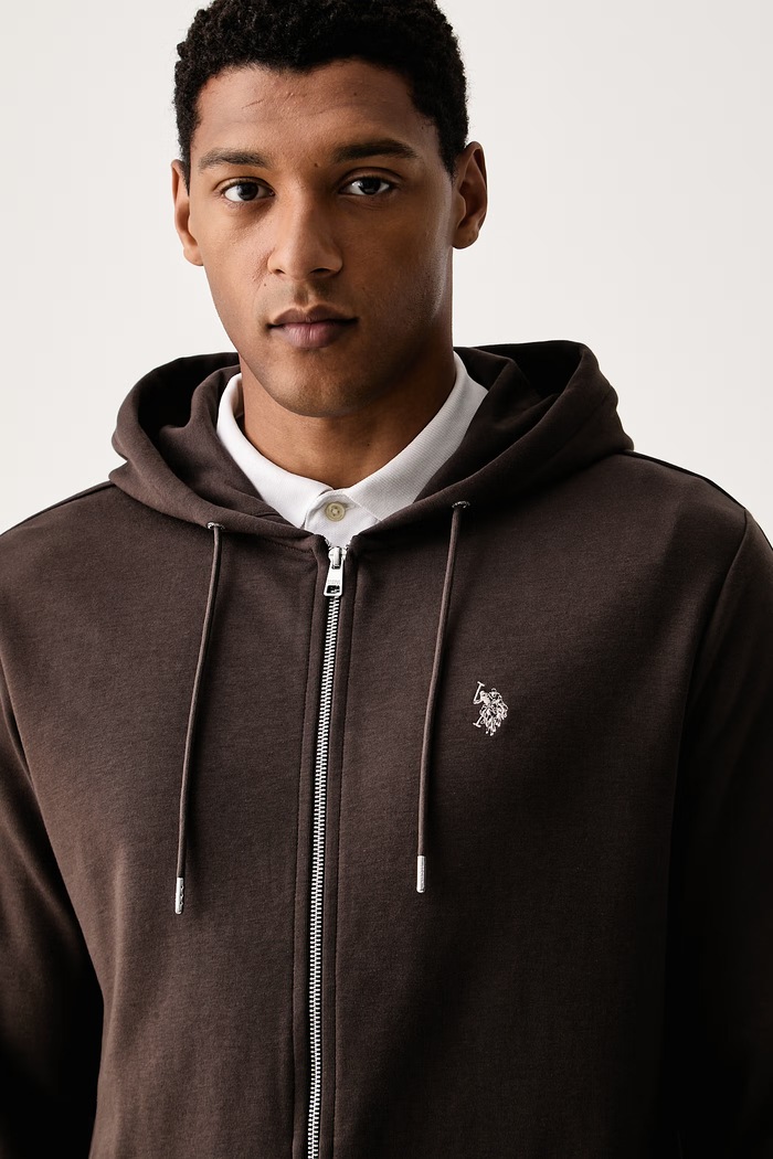 U.S. Polo Assn. jopica s kapuco moška z bombažem DHM Interlock Zip rjava MUP4660