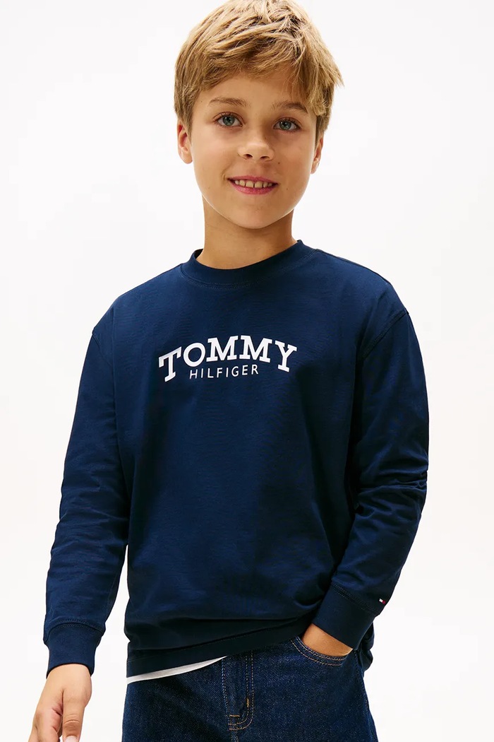 Dětské bavlněné tričko s dlouhým rukávem Tommy Hilfiger kulatý námořnická modř KB0KB10052.128.176.PPY2