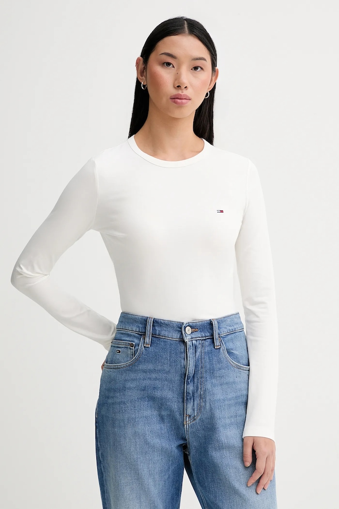 Tričko s dlhým rukávom Tommy Jeans jednofarebný béžová DW0DW19994